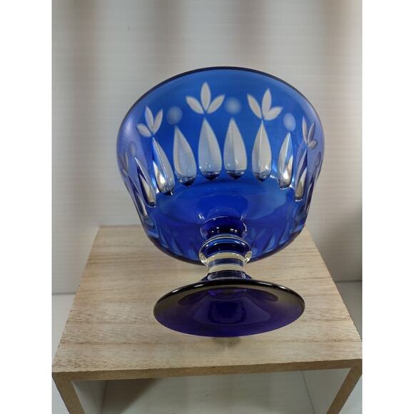 Bohemian Cobalt Blue Cut to Clear Glass Blue Footed Bowl Petal Pattern - Picture 3 of 9